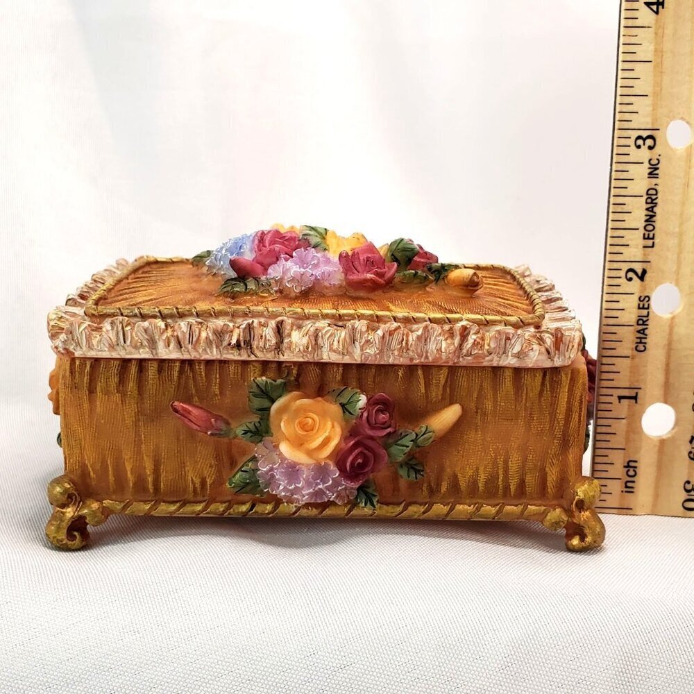 VTG Victorian Floral Jewelry Trinket Box With Raised Rose Design & Gold Accents - Picture 15 of 15